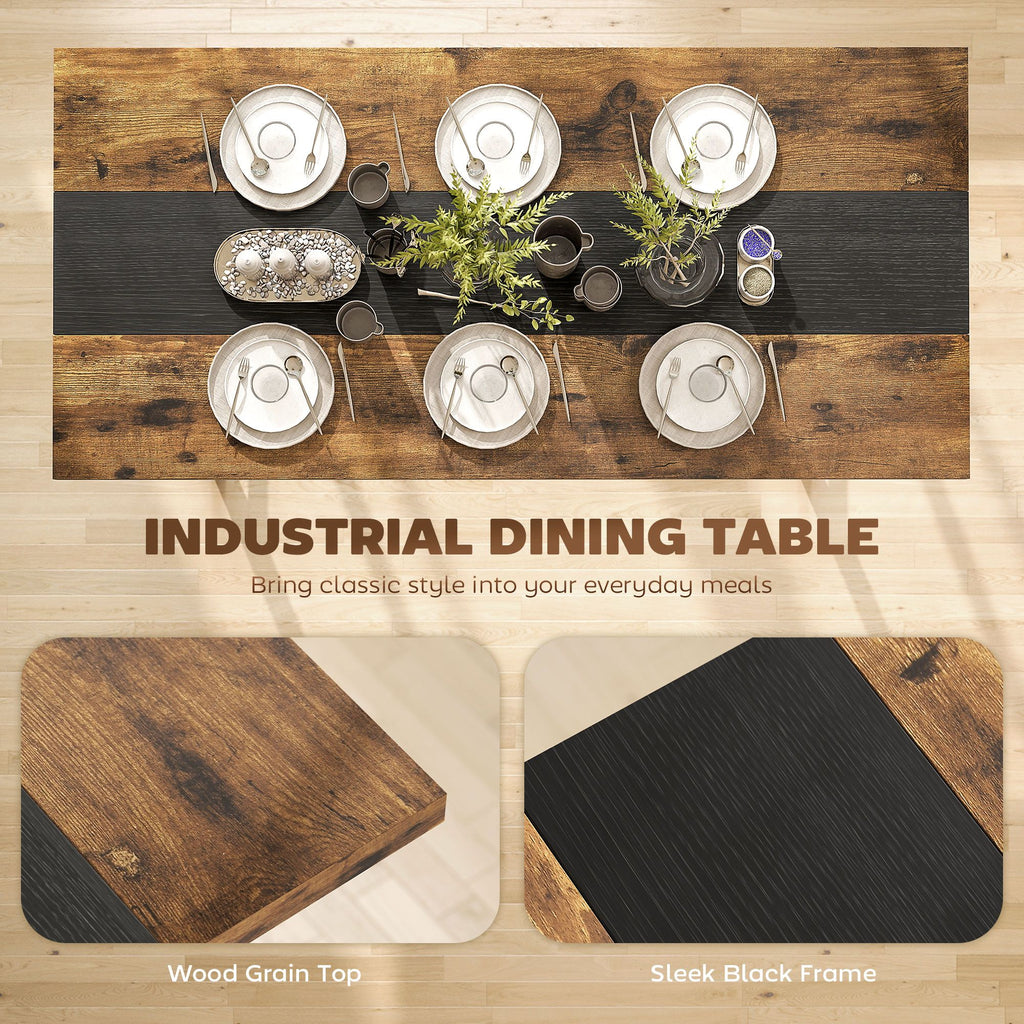 Industrial Dining Table for 8 with Rustic Wood Grain and Black Steel Frame