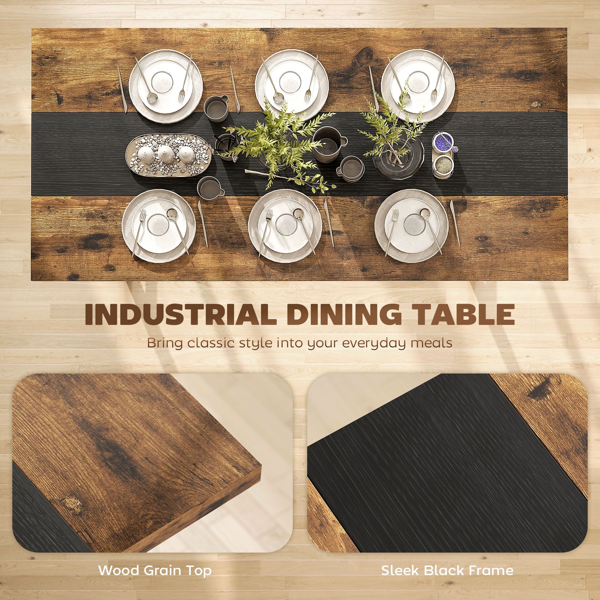 Industrial Dining Table for 8 with Rustic Wood Grain and Black Steel Frame