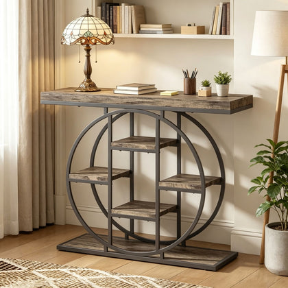 Industrial Console Table with Six Storage Shelves, Rustic Oak and Black
