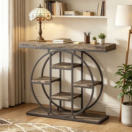 Industrial Console Table with Six Storage Shelves, Rustic Oak and Black