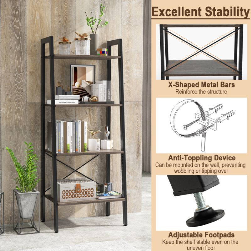 Industrial Four-Tier Bookshelf for Storage and Display