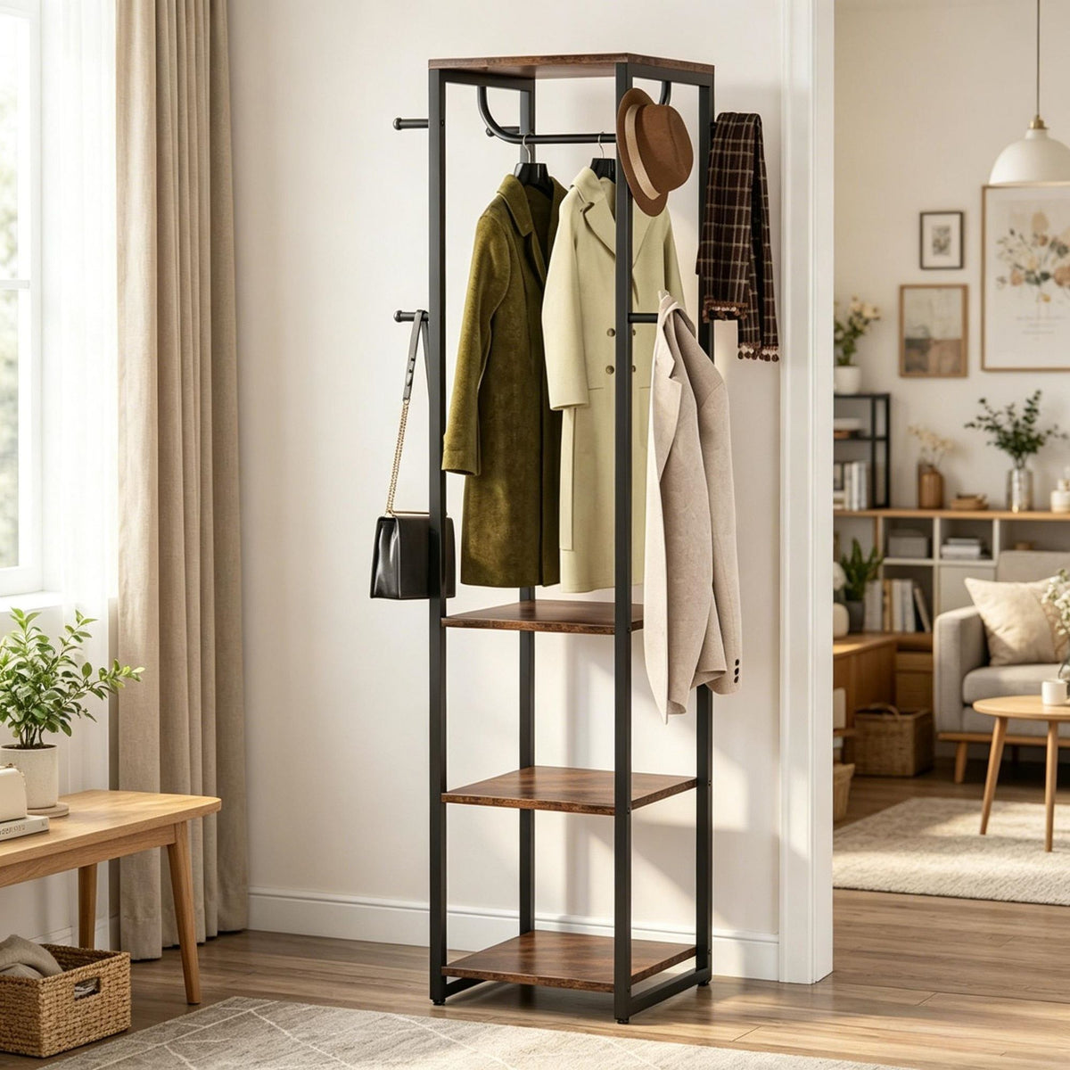 Industrial Entryway Coat Rack with Shelves and Hooks