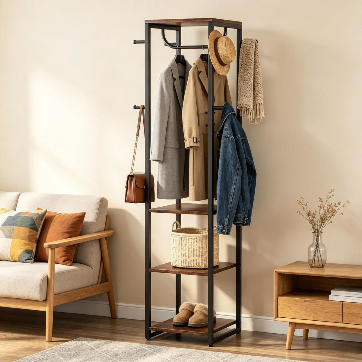 Industrial Entryway Coat Rack with Shelves and Hooks