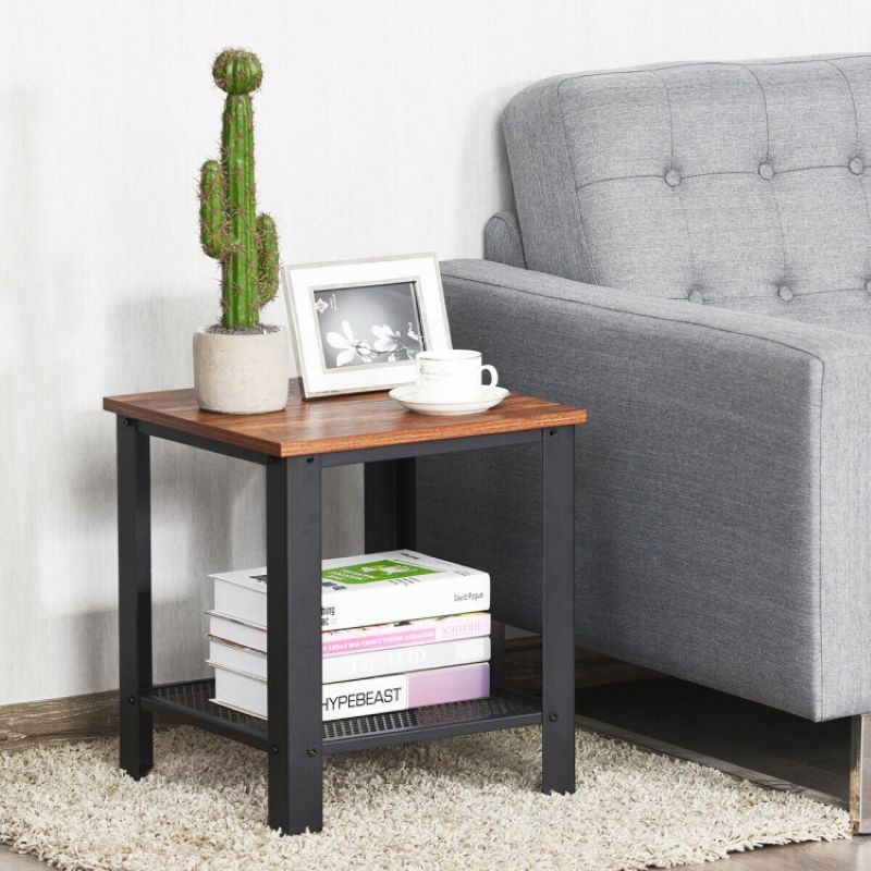 Compact Industrial End Table with Mesh Shelf
