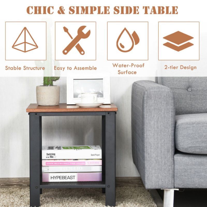 Compact Industrial End Table with Mesh Shelf