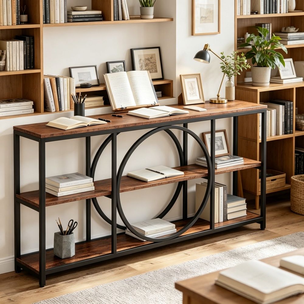 Industrial Style Long Console Table with 70.9- Top and Open Shelves