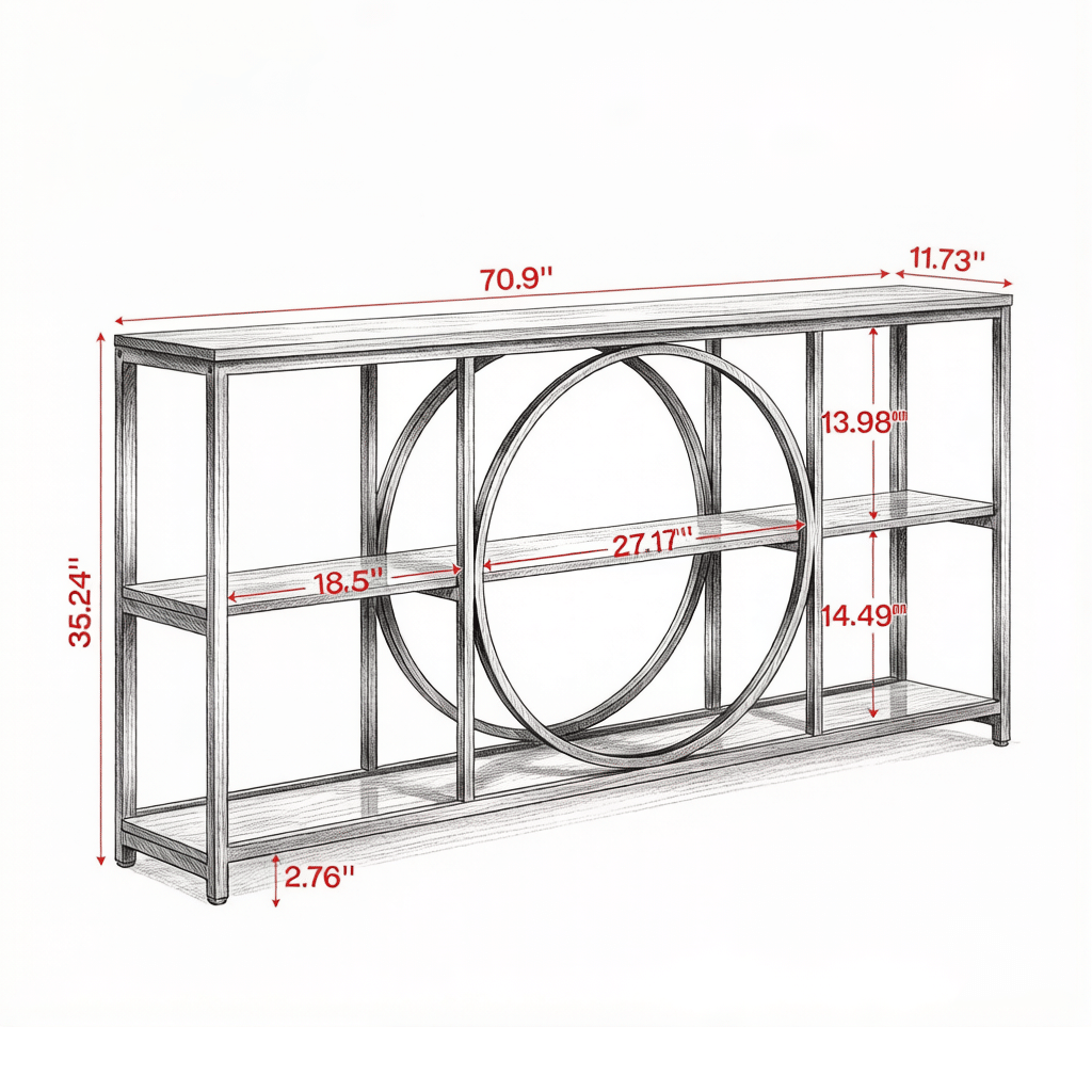 Industrial Style Long Console Table with 70.9- Top and Open Shelves