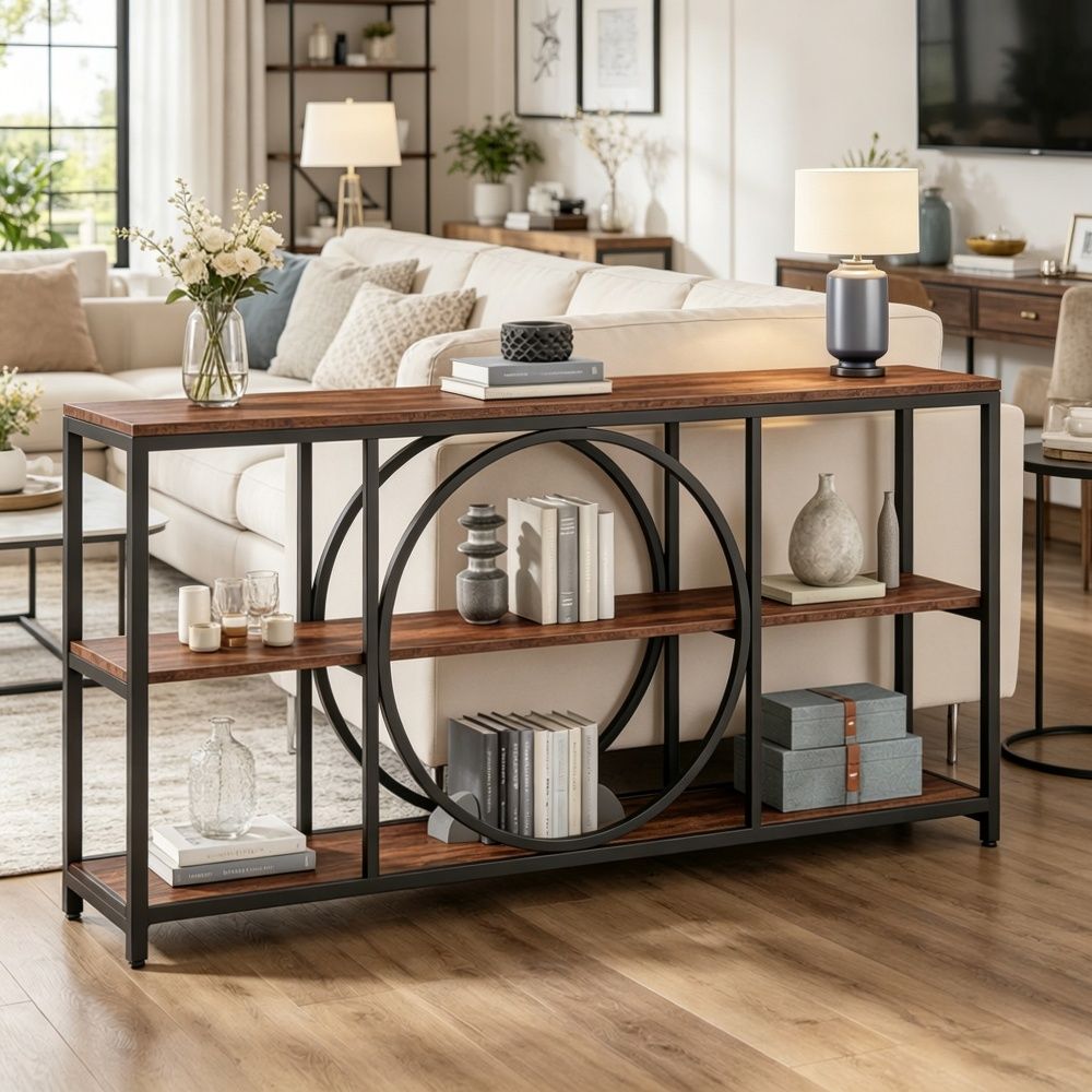 Industrial Style Long Console Table with 70.9- Top and Open Shelves