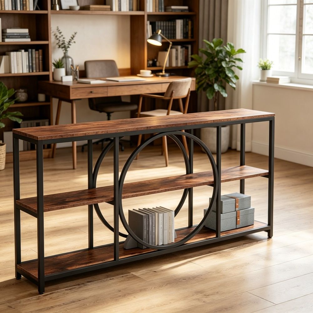 Industrial Style Long Console Table with 70.9- Top and Open Shelves