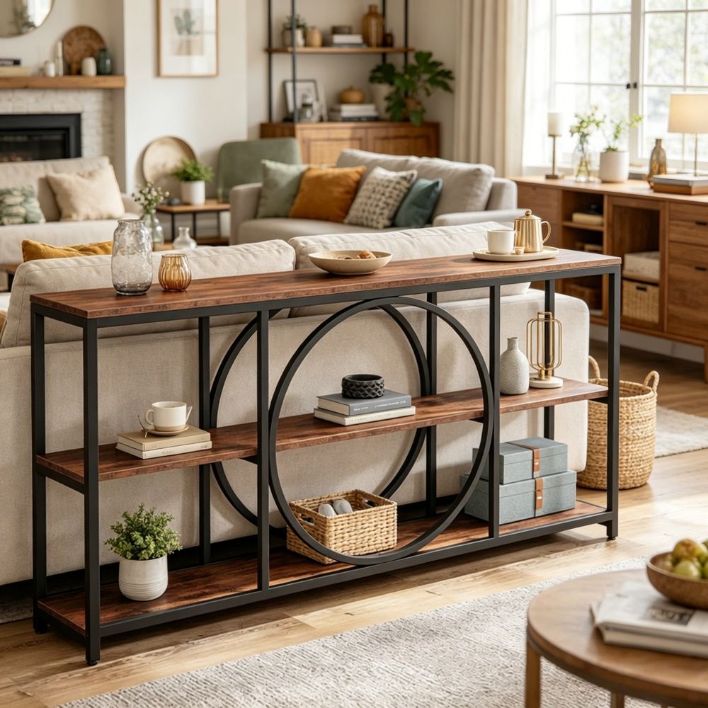 Industrial Style Long Console Table with 70.9- Top and Open Shelves