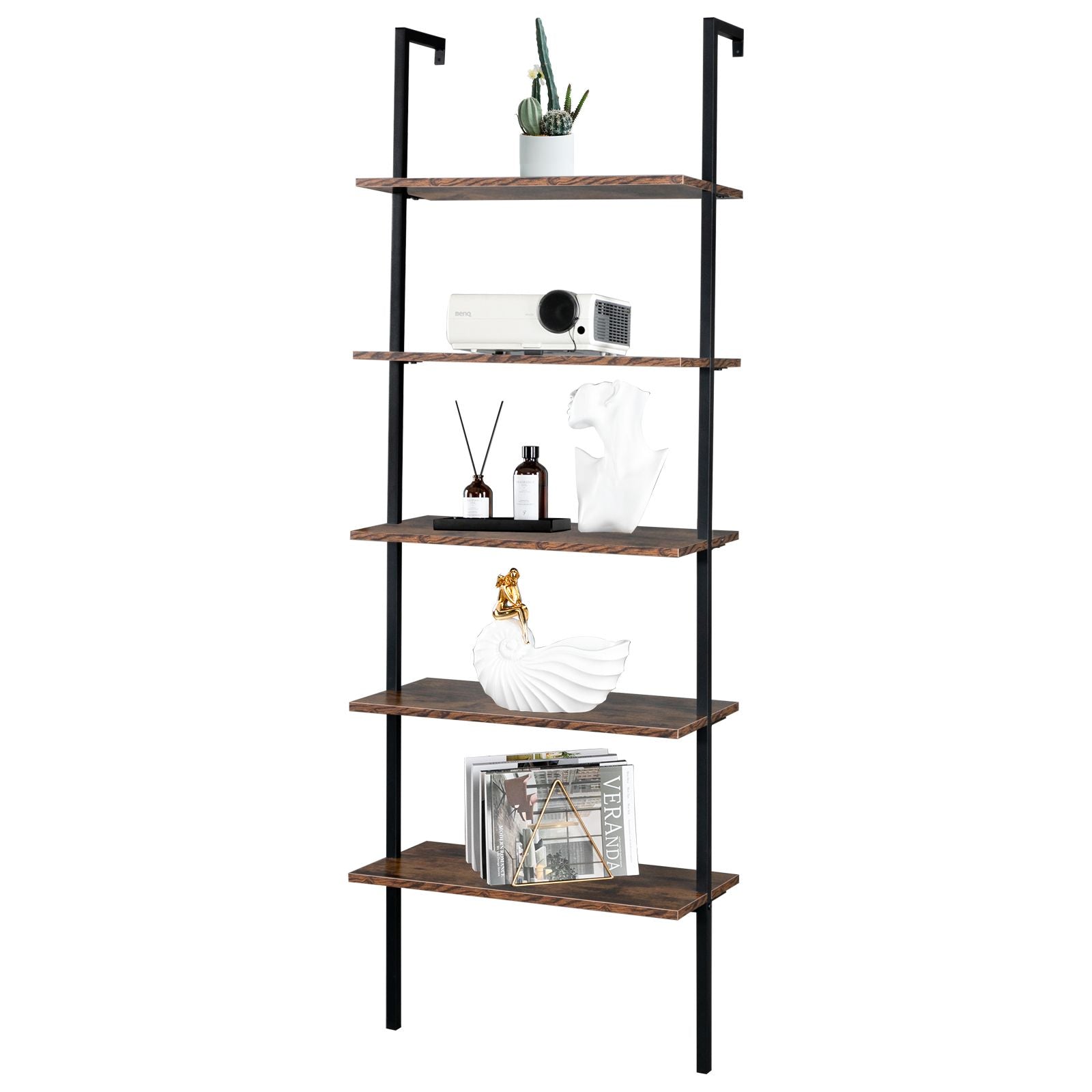 Industrial Ladder Shelf: 5-Tier Wall-Mounted Bookcase