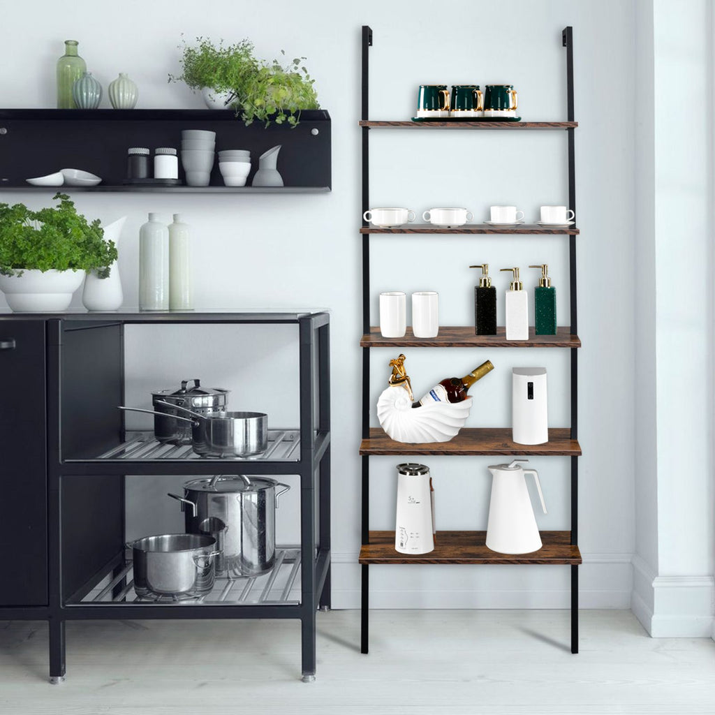 Industrial Ladder Shelf: 5-Tier Wall-Mounted Bookcase