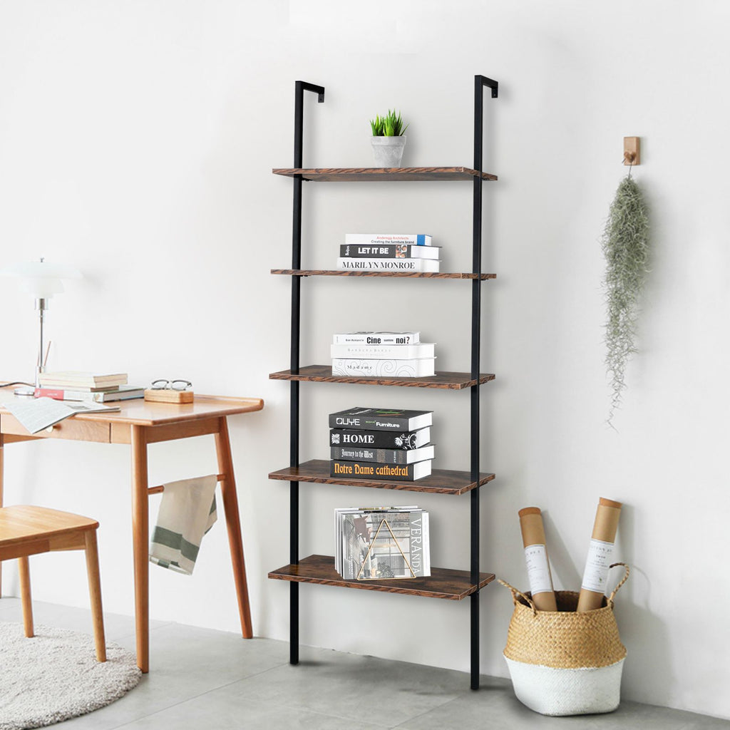 Industrial Ladder Shelf: 5-Tier Wall-Mounted Bookcase