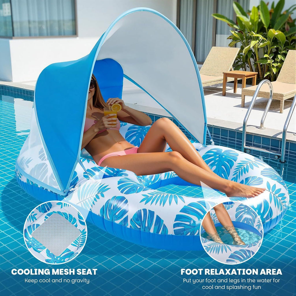 Inflatable Pool Lounger with Adjustable Removable Canopy