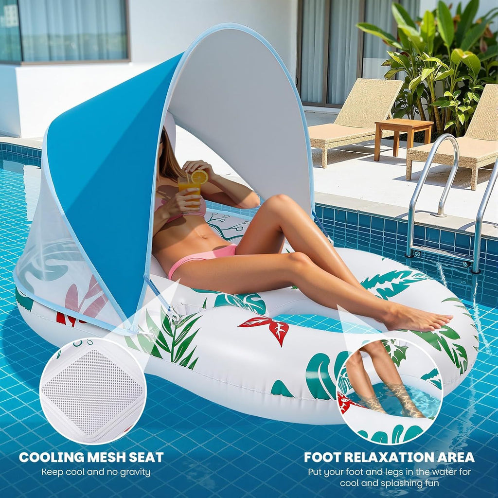 Inflatable Pool Lounger with Adjustable Removable Canopy