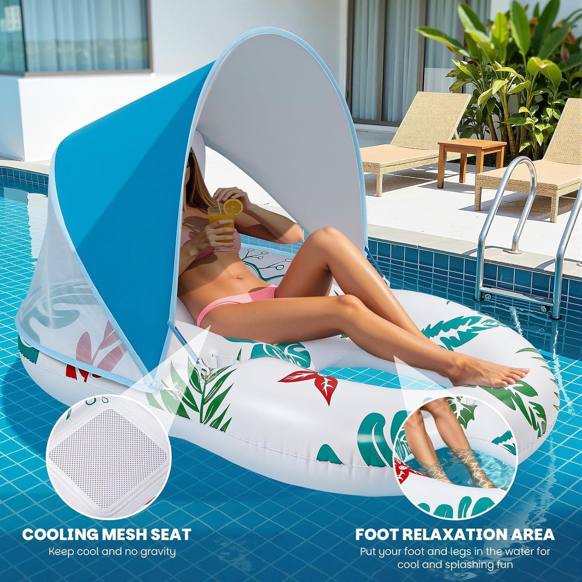 Inflatable Pool Lounger with Adjustable Removable Canopy