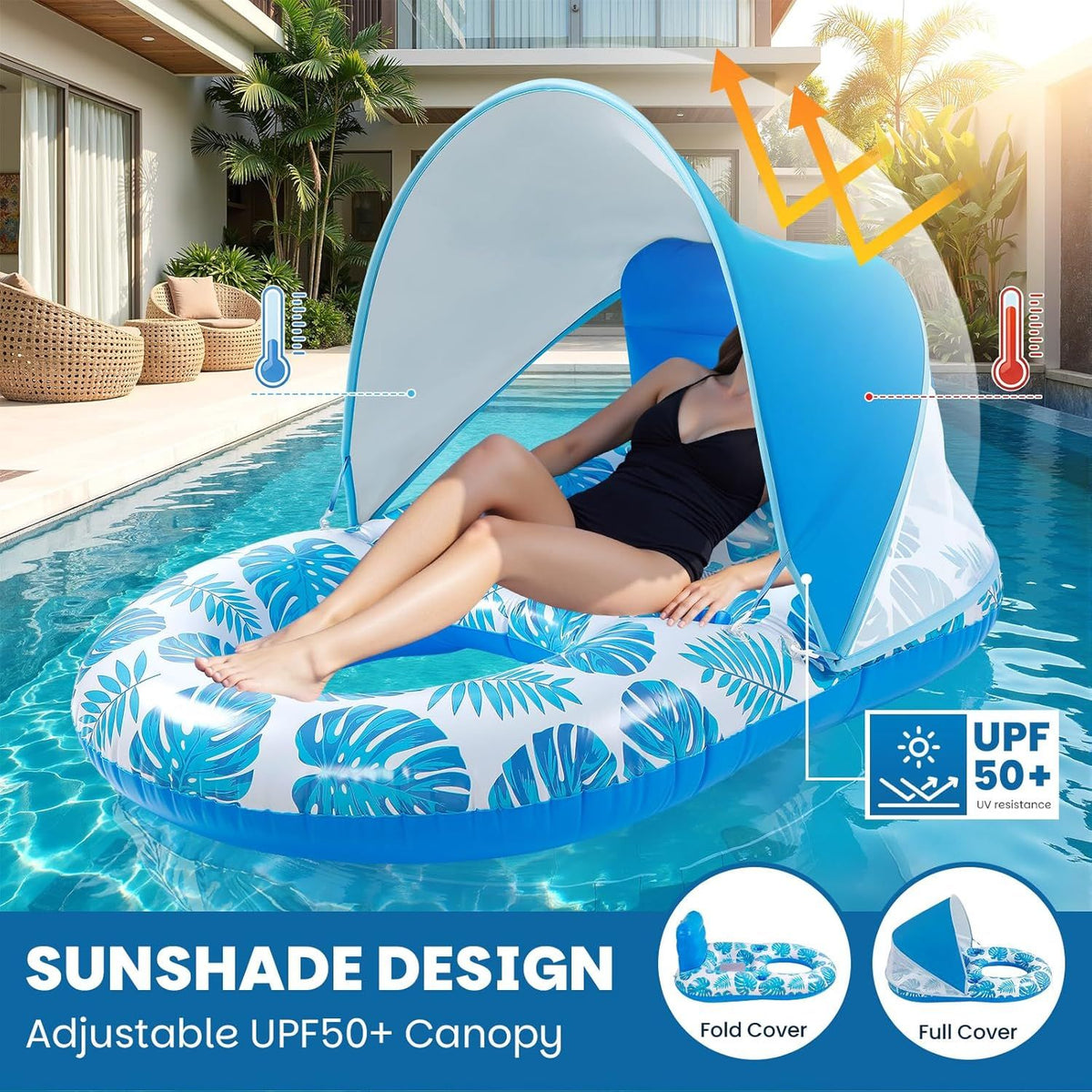 Inflatable Pool Lounger with Adjustable Removable Canopy