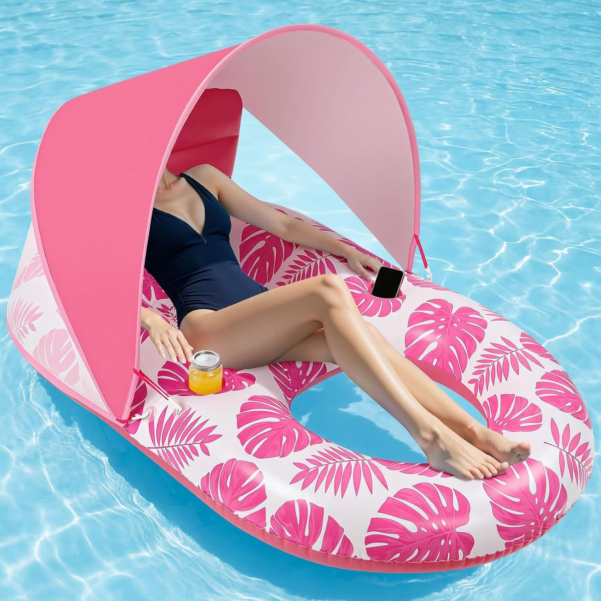 Inflatable Pool Lounger with Adjustable Removable Canopy