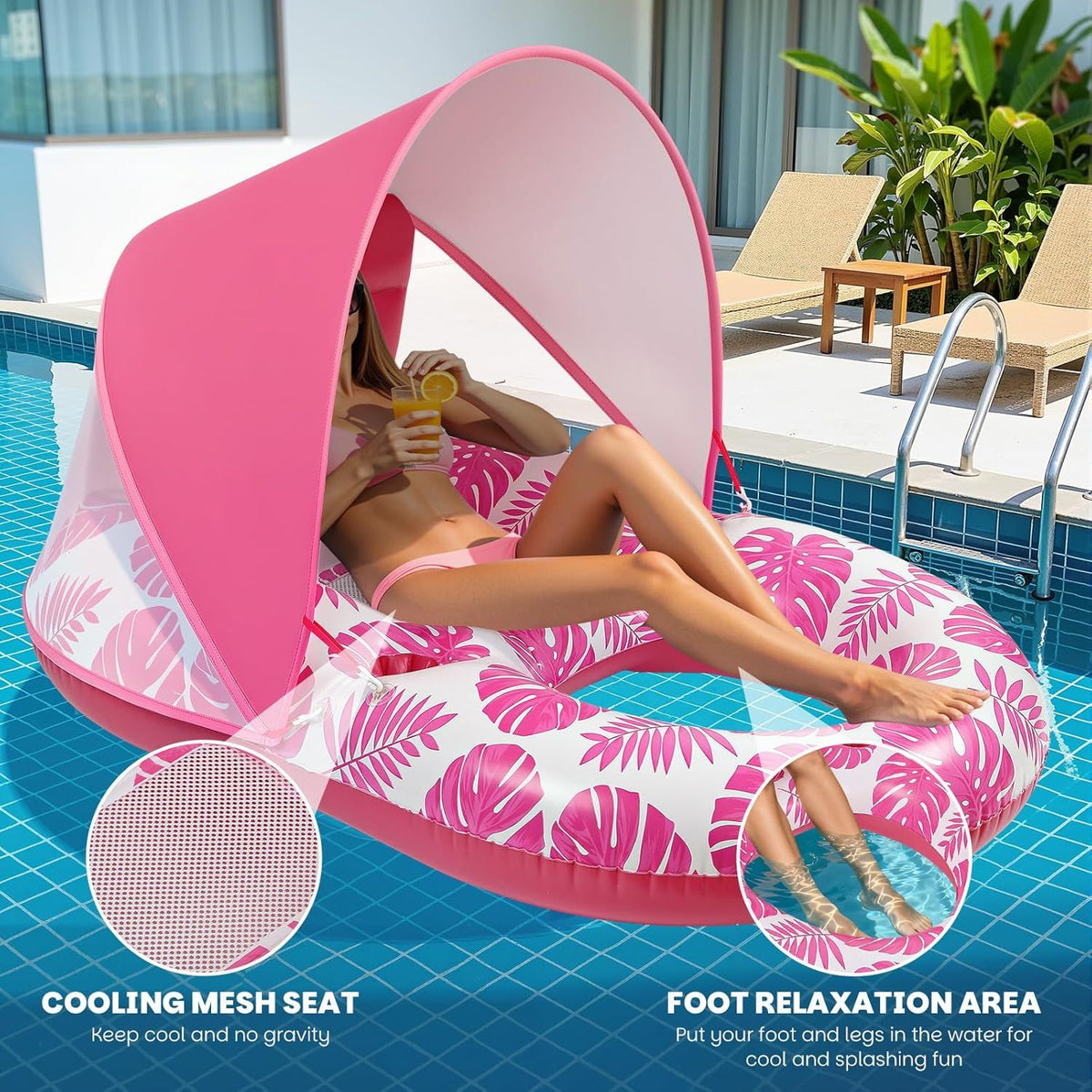 Inflatable Pool Lounger with Adjustable Removable Canopy