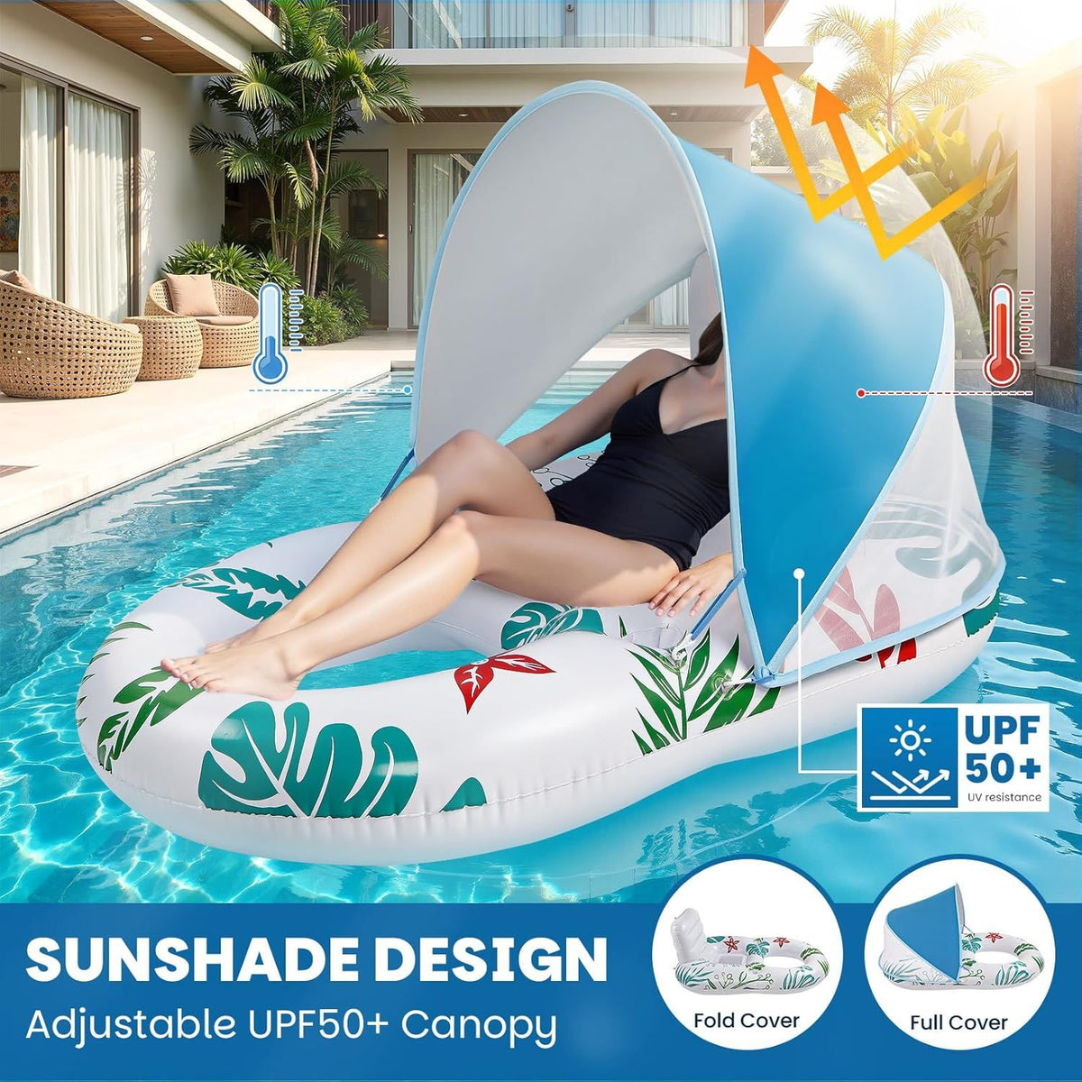 Inflatable Pool Lounger with Adjustable Removable Canopy