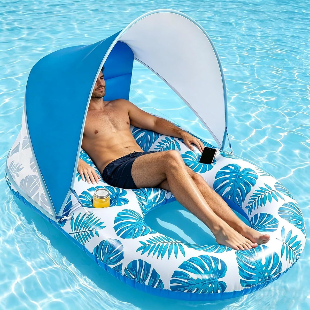 Inflatable Pool Lounger with Adjustable Removable Canopy