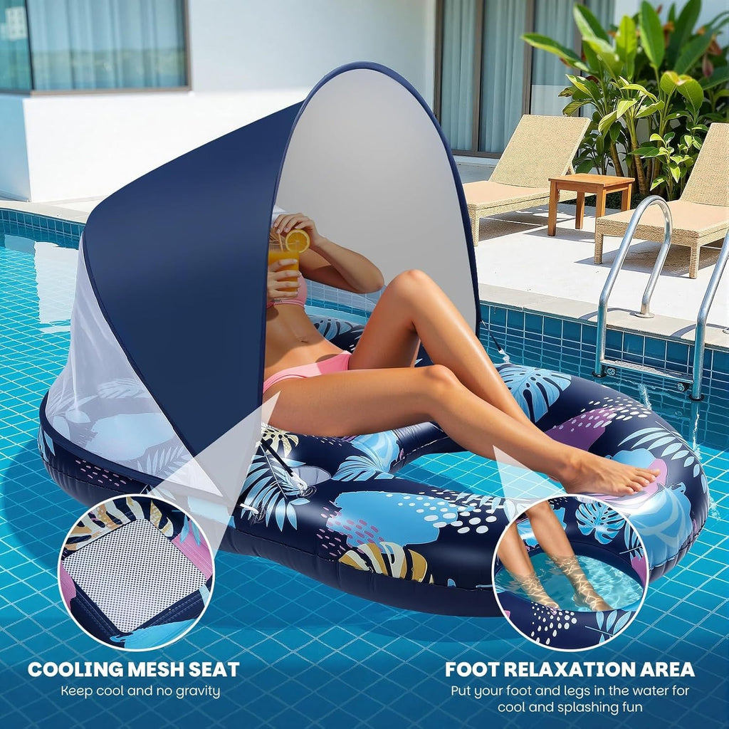 Inflatable Pool Lounger with Adjustable Removable Canopy