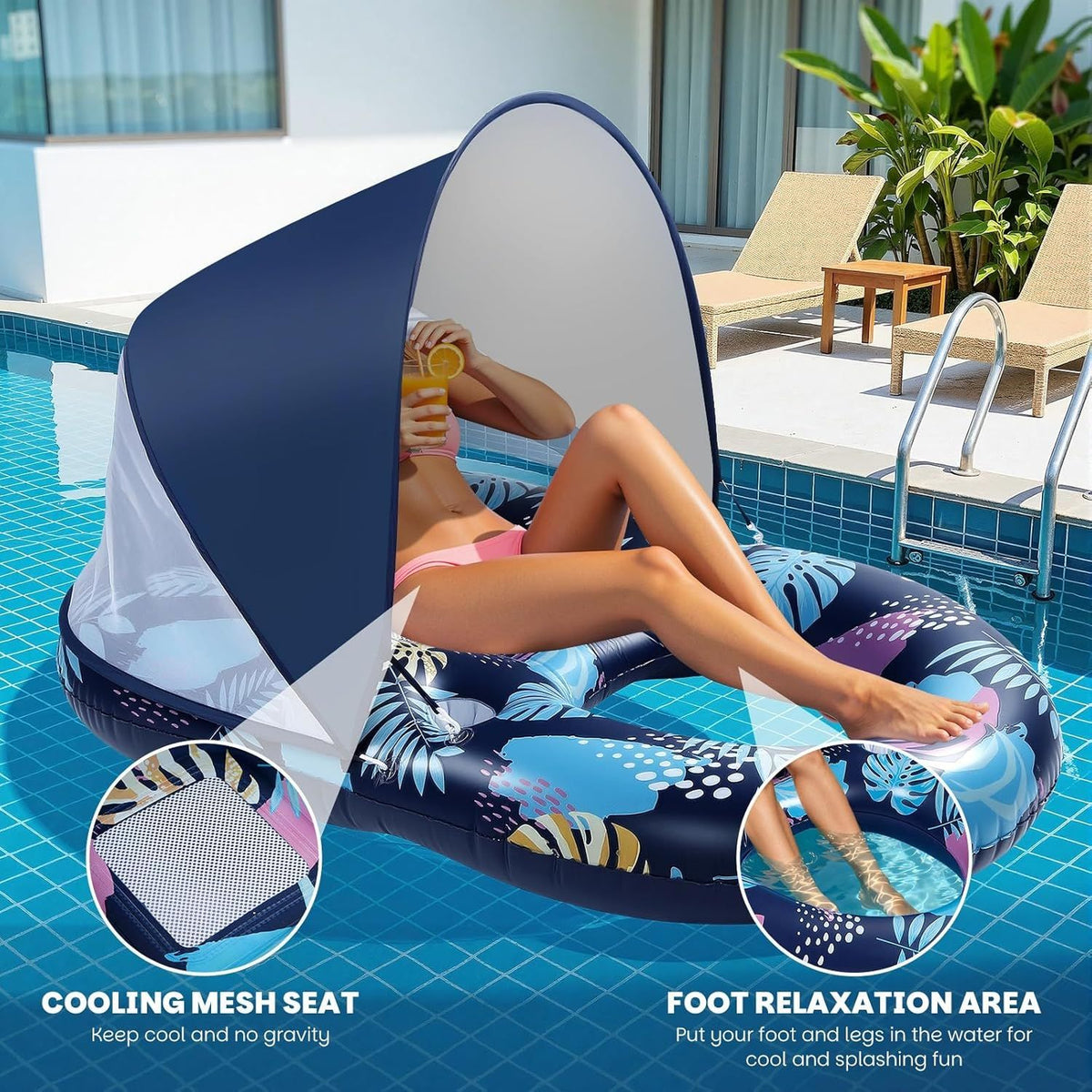 Inflatable Pool Lounger with Adjustable Removable Canopy