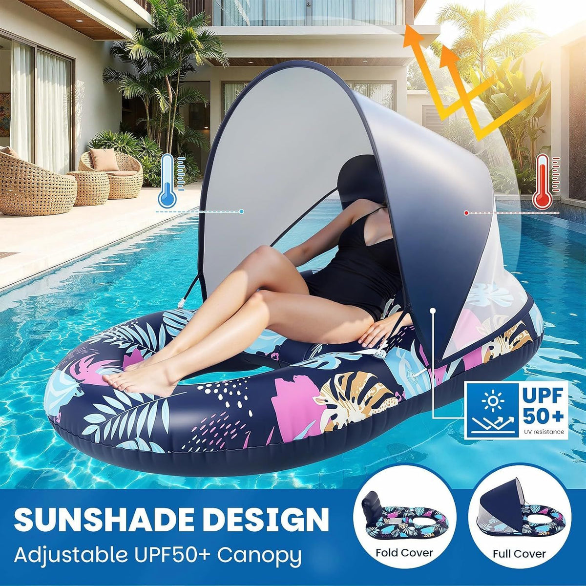 Inflatable Pool Lounger with Adjustable Removable Canopy
