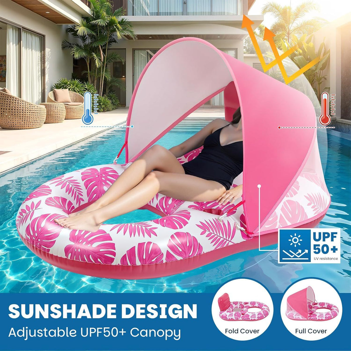 Inflatable Pool Lounger with Adjustable Removable Canopy