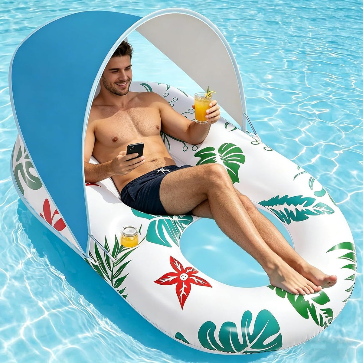 Inflatable Pool Lounger with Adjustable Removable Canopy