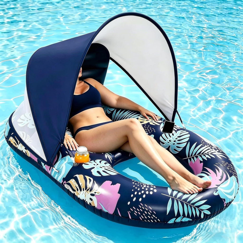 Inflatable Pool Lounger with Adjustable Removable Canopy
