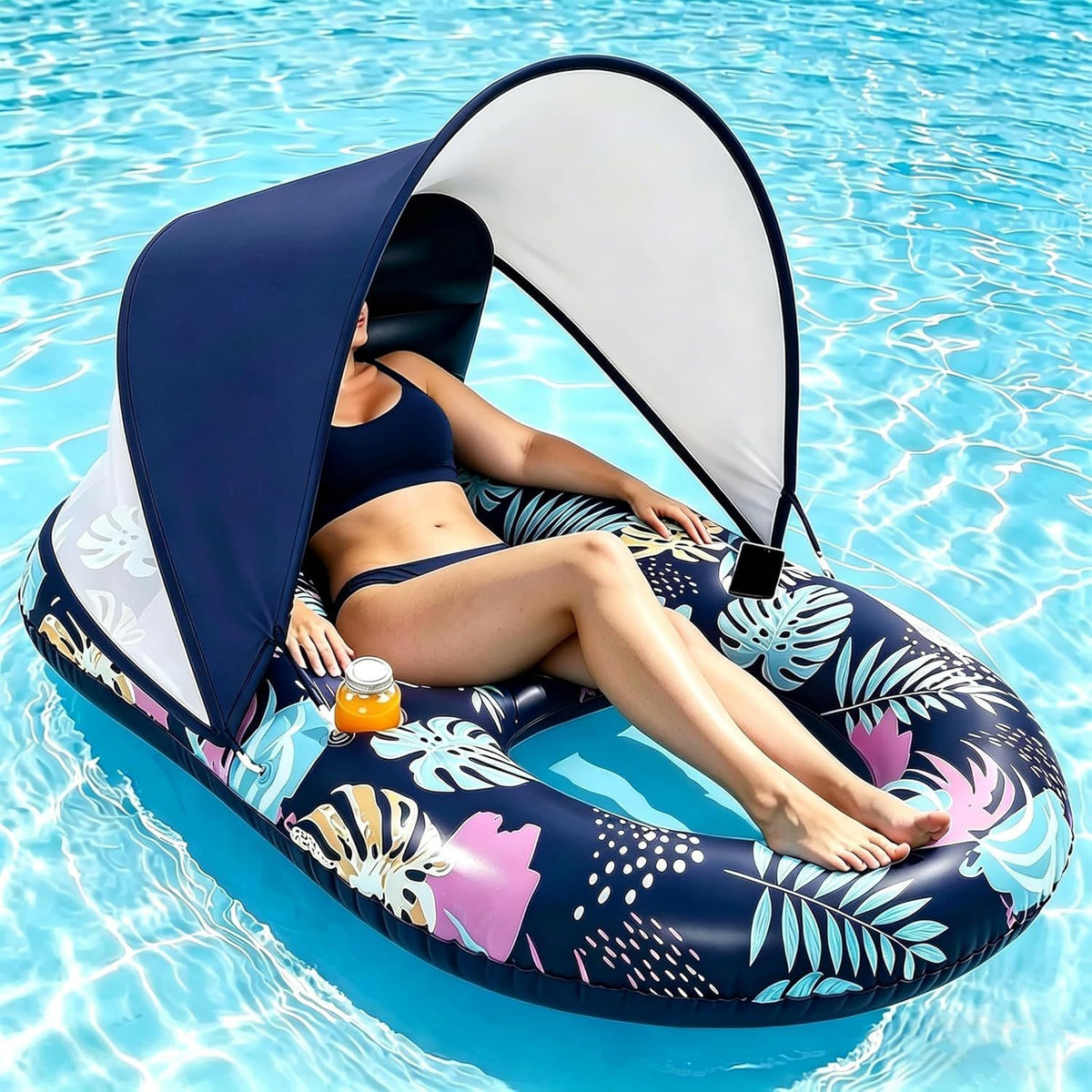 Inflatable Pool Lounger with Adjustable Removable Canopy