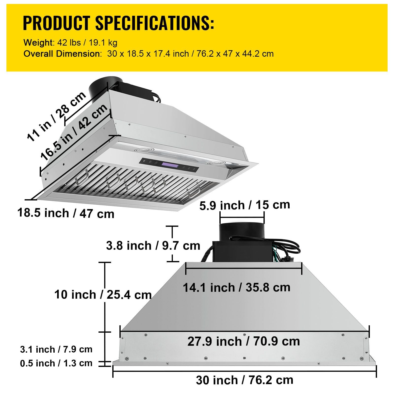 900CFM 30- Built-in Range Hood with Touch & Remote Control, LED Lights, and Baffle Filters