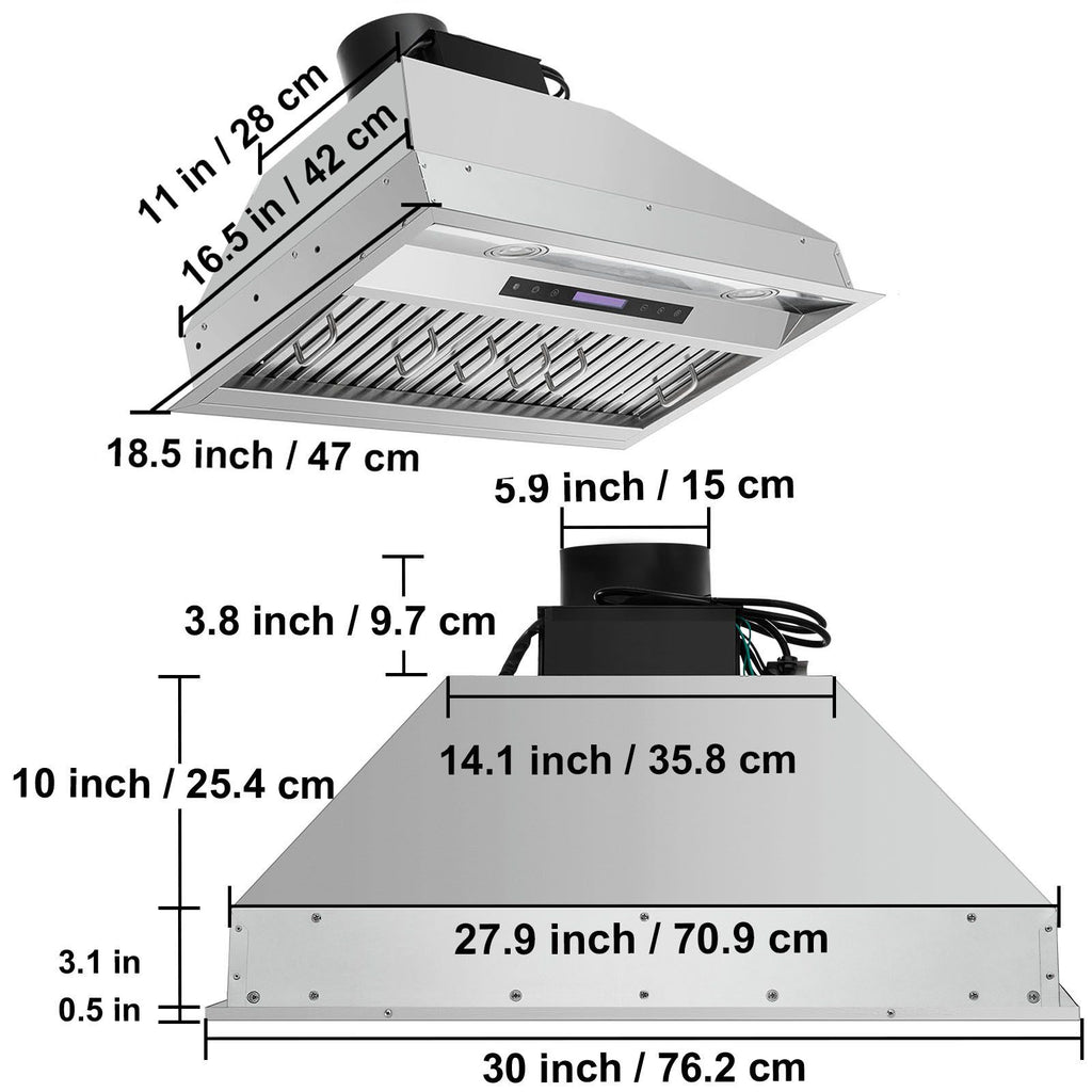 900CFM 30- Built-in Range Hood with Touch & Remote Control, LED Lights, and Baffle Filters