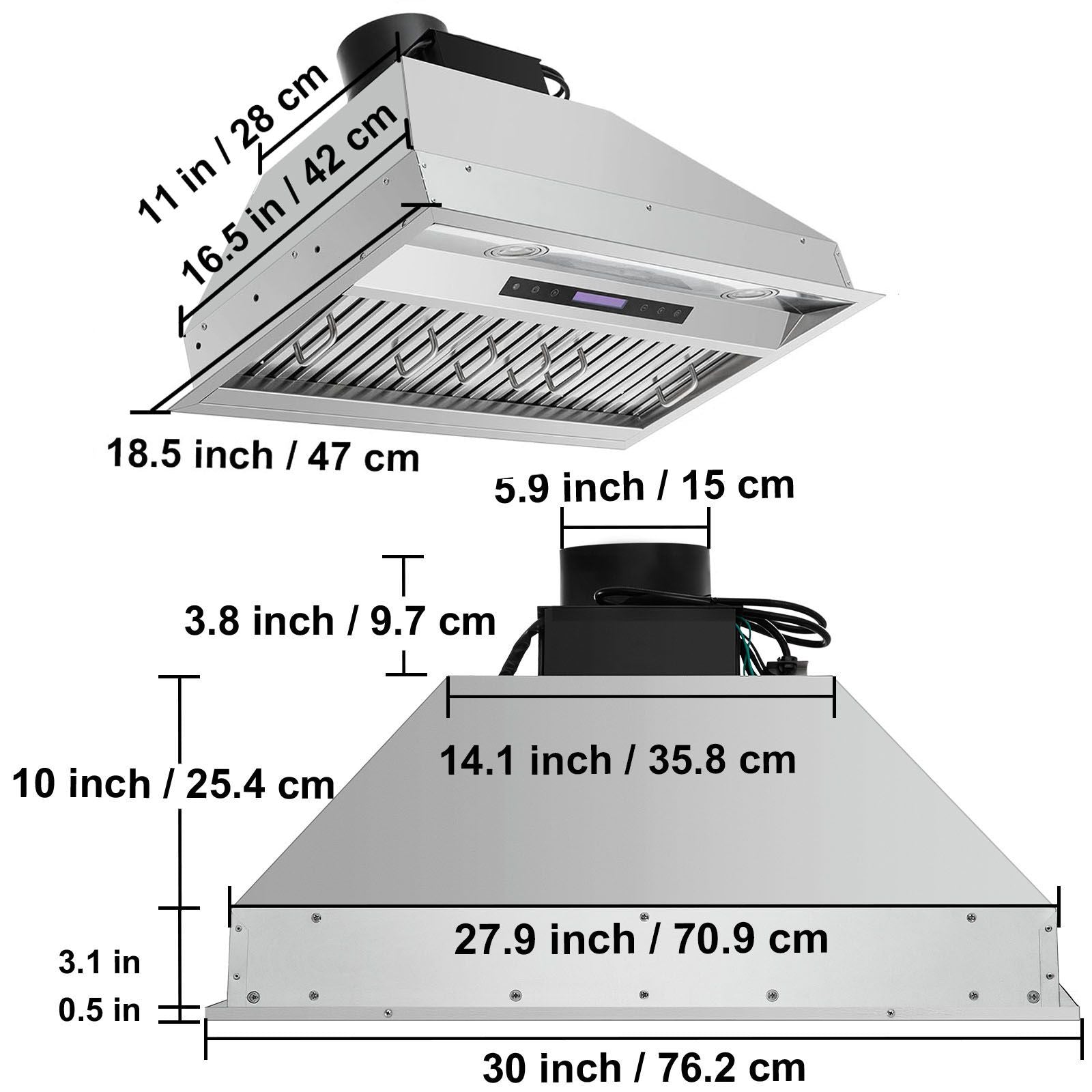 900CFM 30- Built-in Range Hood with Touch & Remote Control, LED Lights, and Baffle Filters