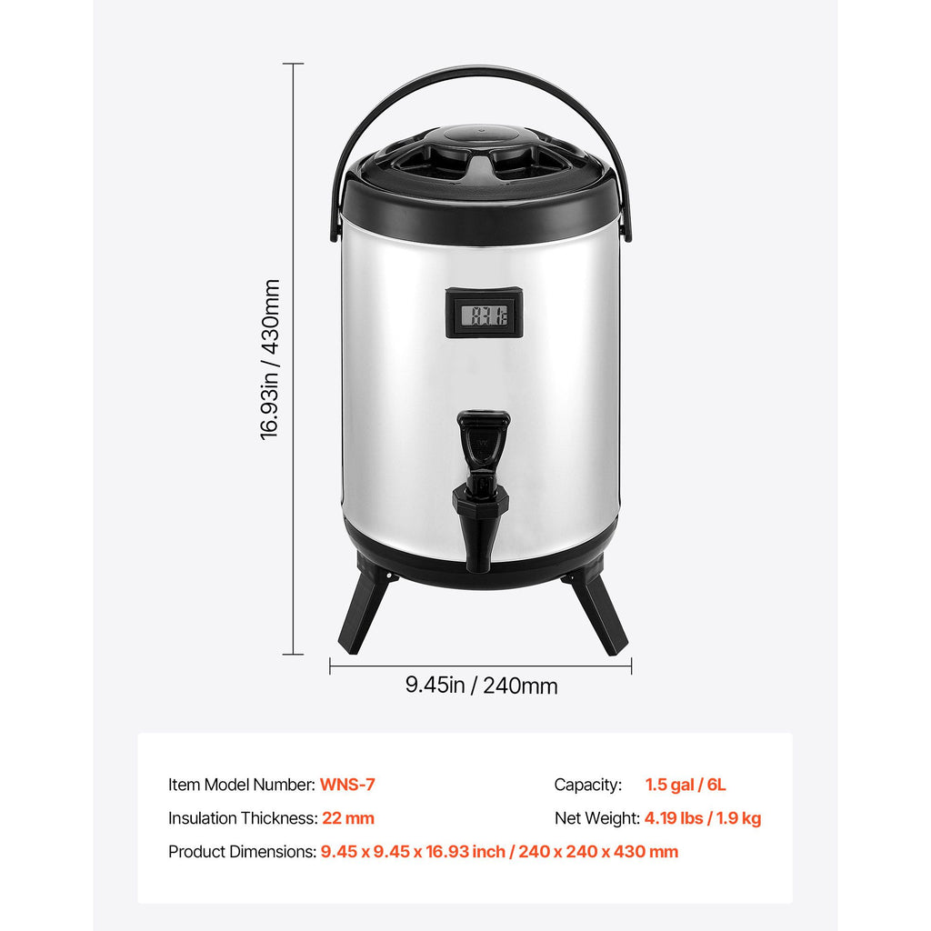Insulated Beverage Dispenser with Real-Time Temp Display, 1.5 Gal