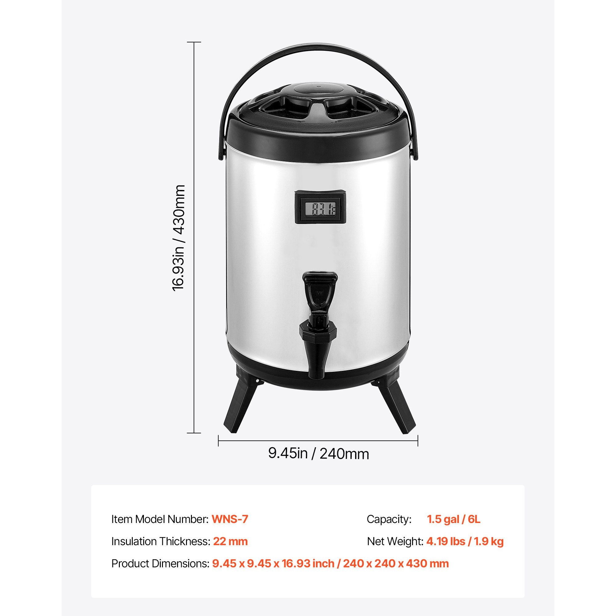 Insulated Beverage Dispenser with Real-Time Temp Display, 1.5 Gal