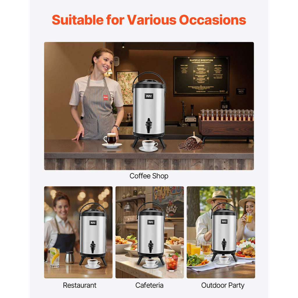 Insulated Beverage Dispenser with Temp Display - 2 Gallon Stainless Steel Thermal Drink Server