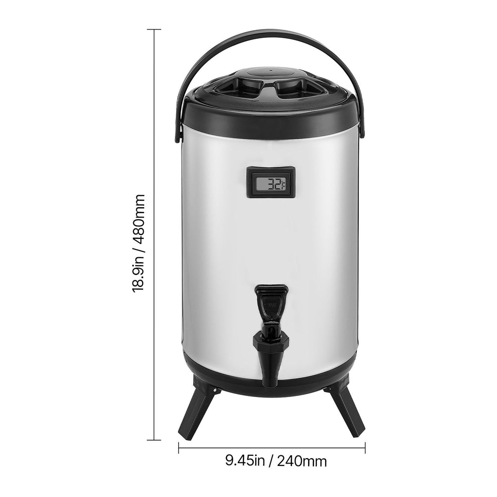Insulated Beverage Dispenser with Temp Display - 2 Gallon Stainless Steel Thermal Drink Server