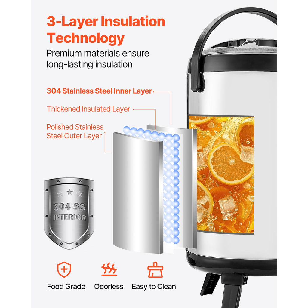 Insulated Beverage Dispenser with Temp Display - 2 Gallon Stainless Steel Thermal Drink Server
