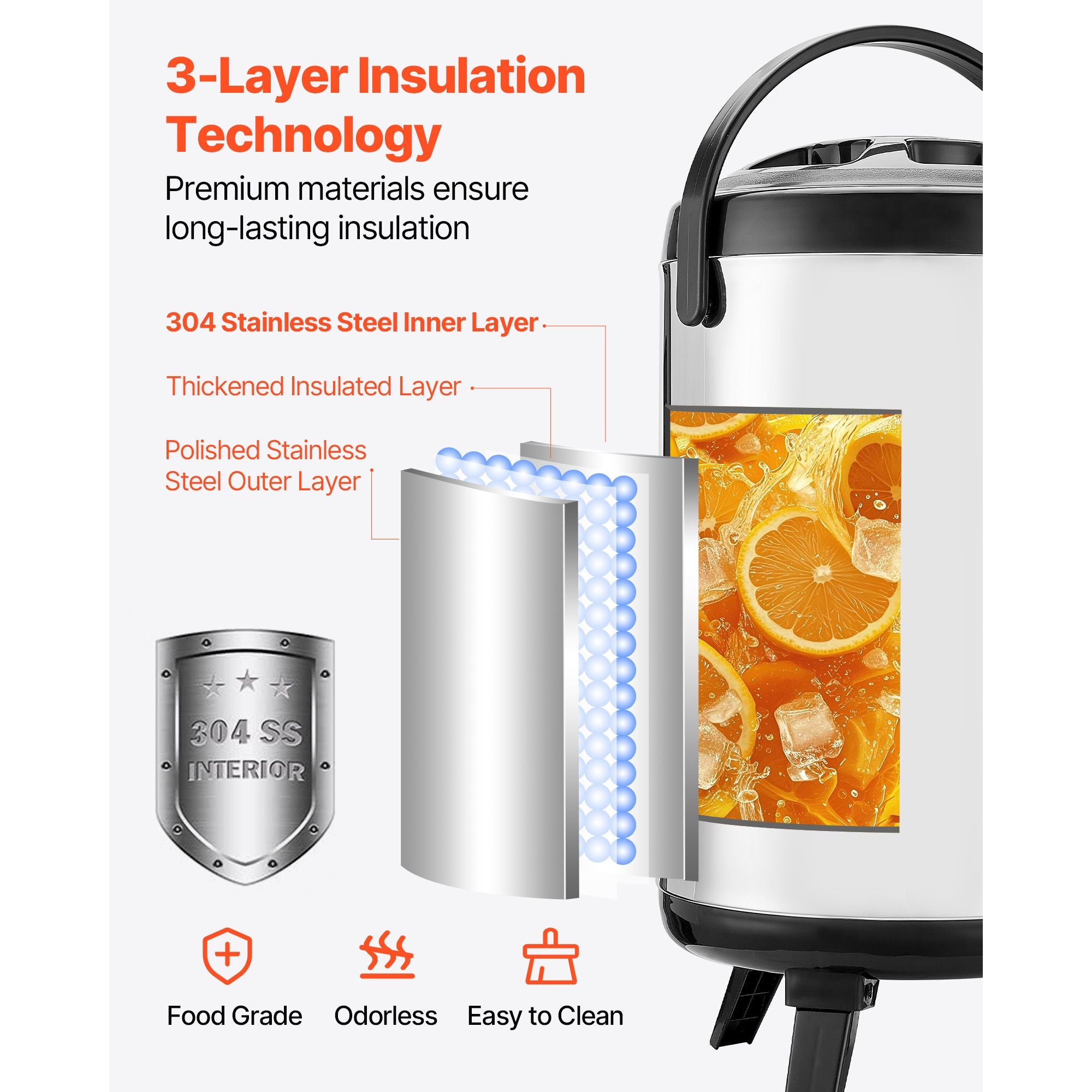 Insulated Beverage Dispenser with Temp Display - 2 Gallon Stainless Steel Thermal Drink Server