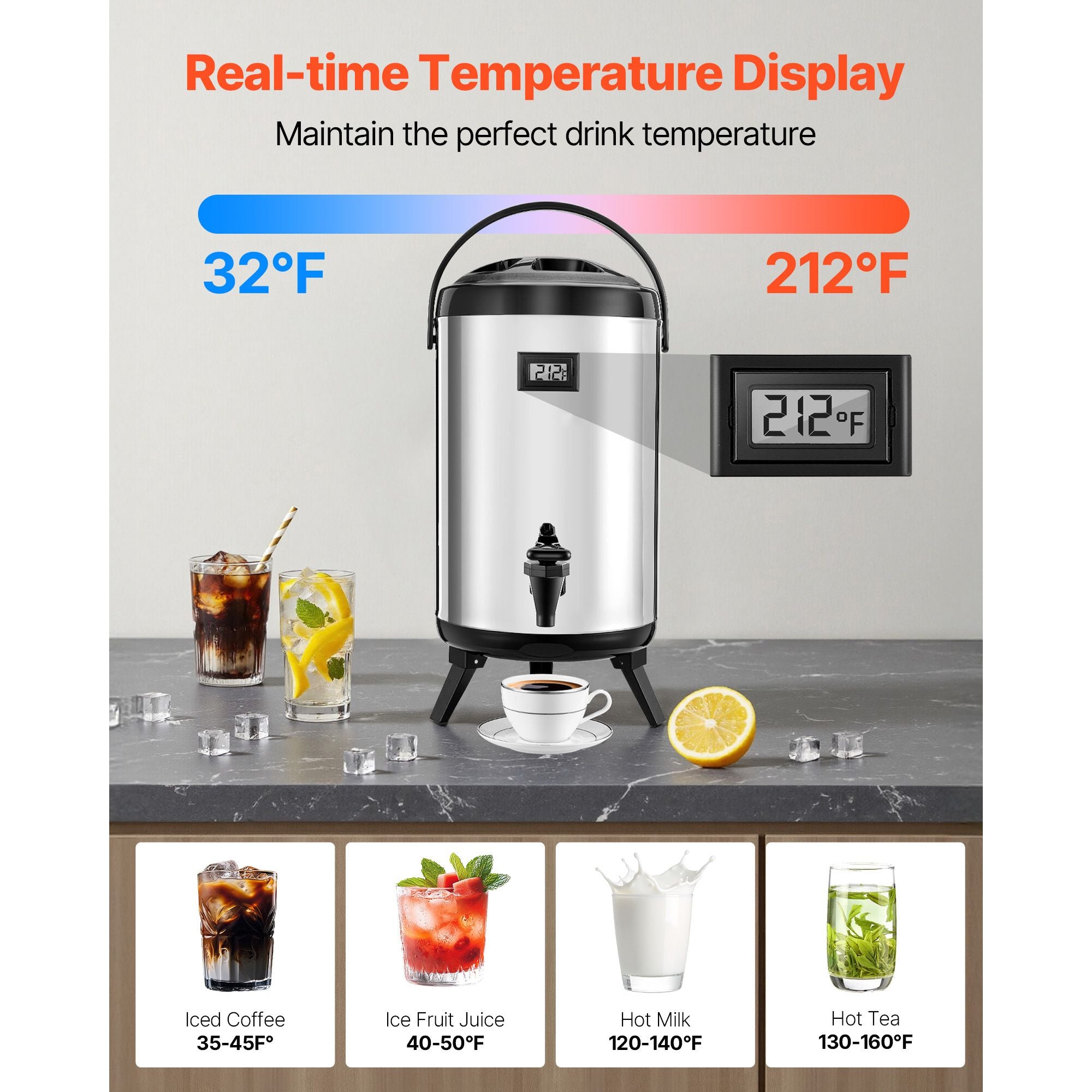 Insulated Beverage Dispenser with Temp Display - 2 Gallon Stainless Steel Thermal Drink Server