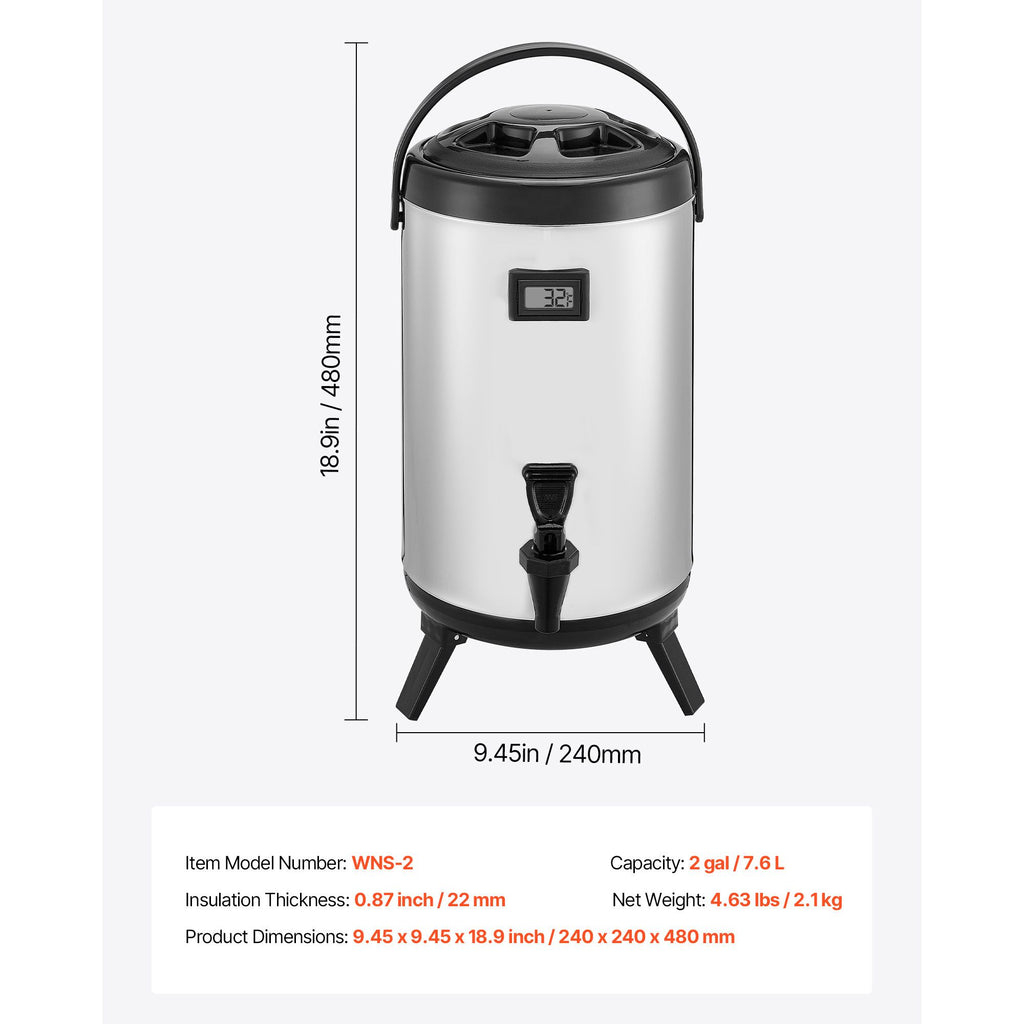 Insulated Beverage Dispenser with Temp Display - 2 Gallon Stainless Steel Thermal Drink Server