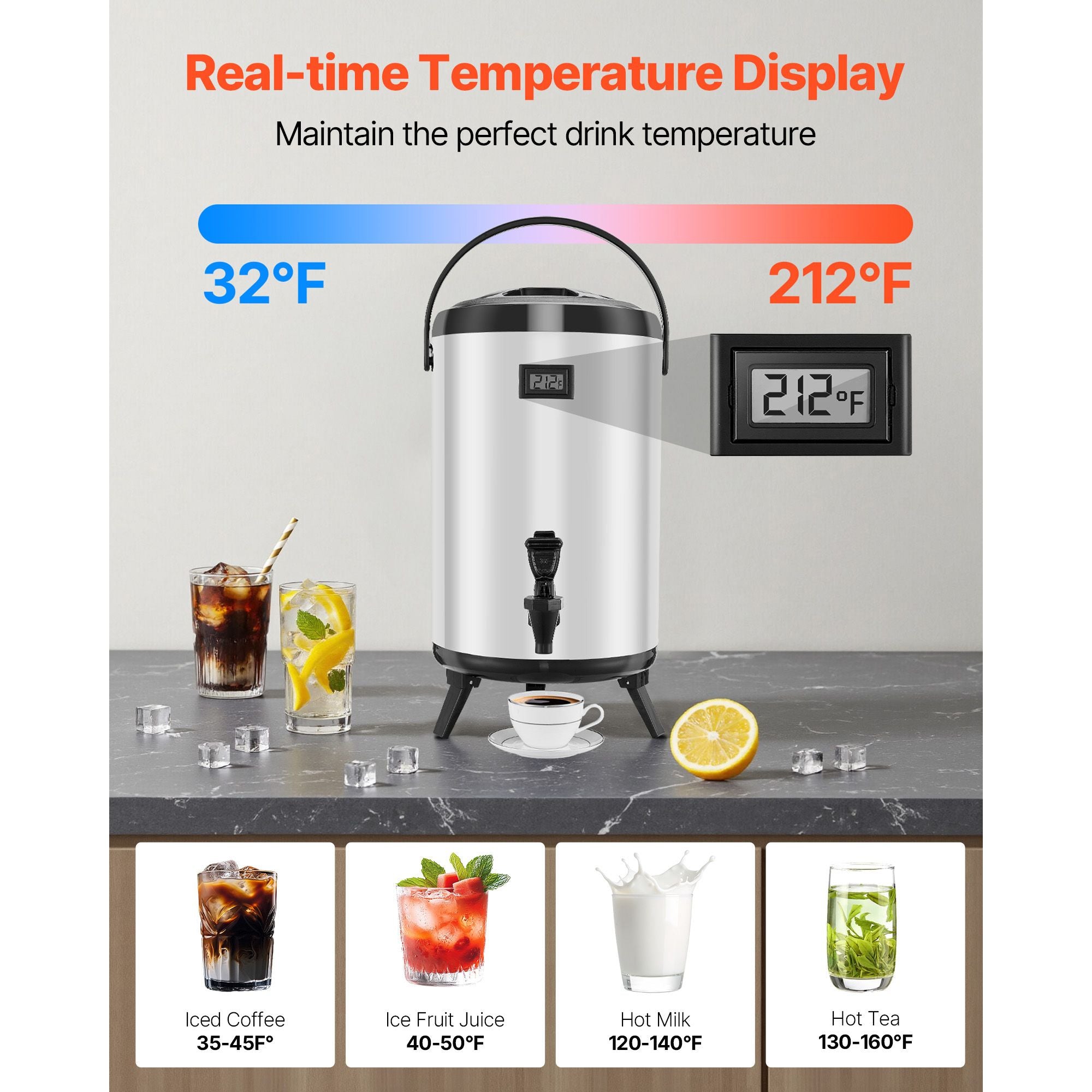 Insulated Beverage Dispenser with Real-Time Temp Display & Leak-Proof Spigot – 3.2 Gal Stainless Steel