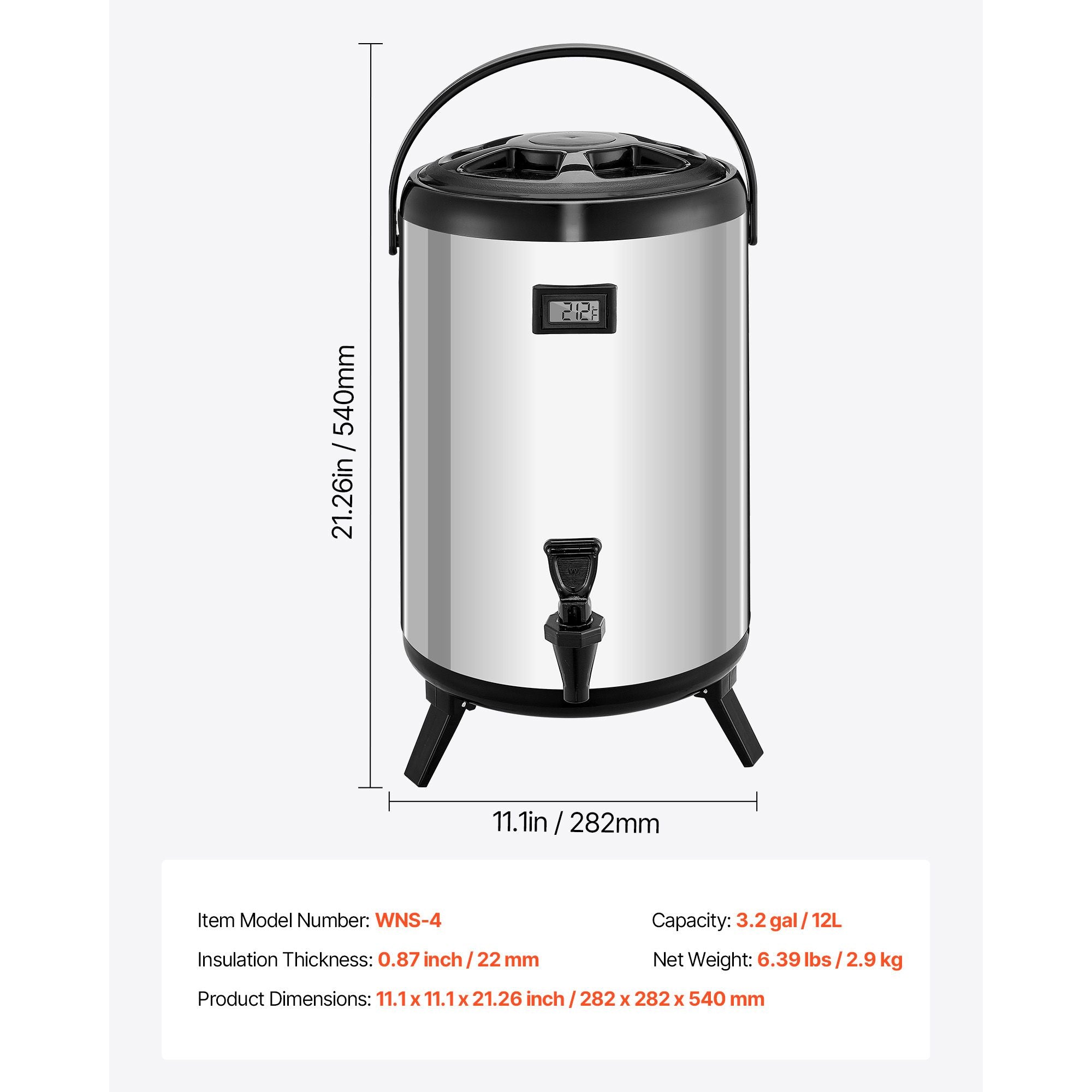 Insulated Beverage Dispenser with Real-Time Temp Display & Leak-Proof Spigot – 3.2 Gal Stainless Steel