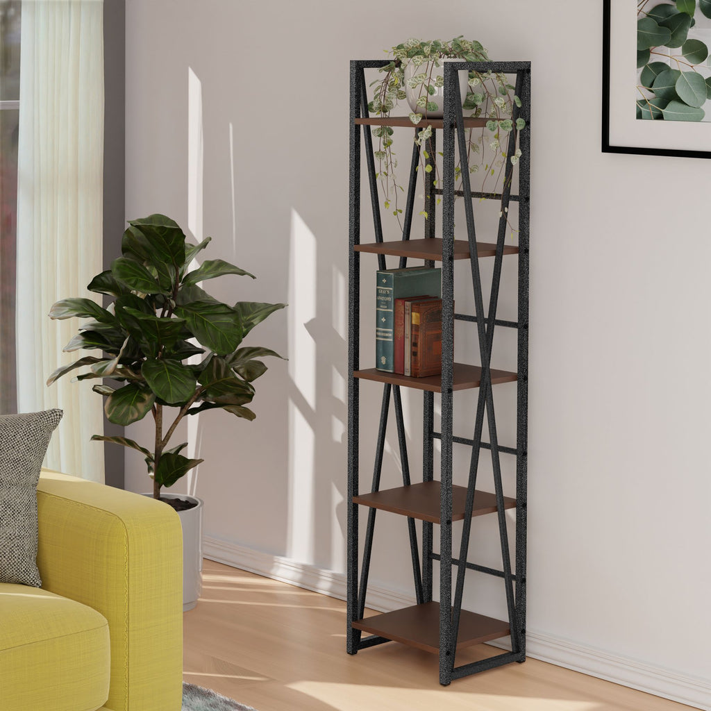 Five-Tier Open Shelf with Walnut Shelves and Graphite Frame