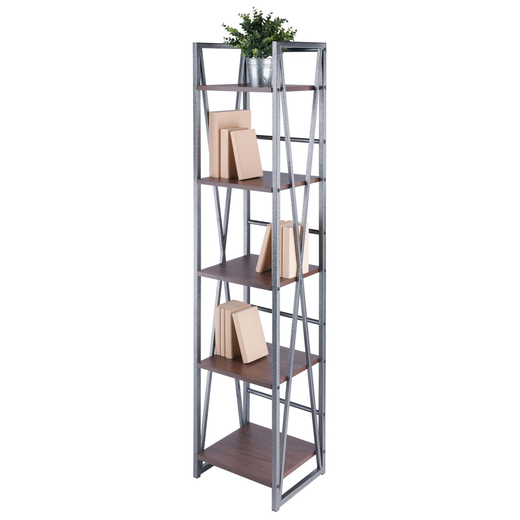 Five-Tier Open Shelf with Walnut Shelves and Graphite Frame