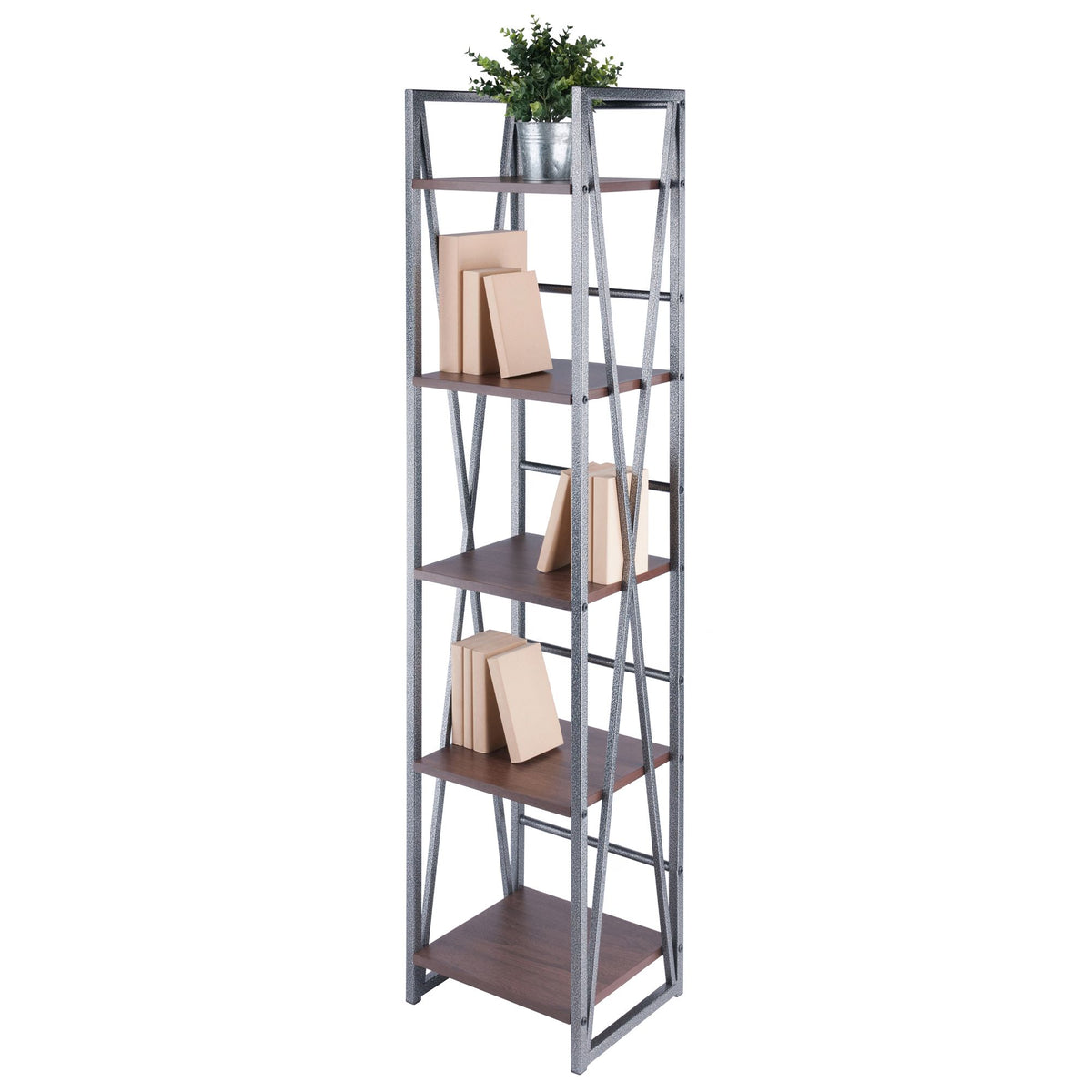 Five-Tier Open Shelf with Walnut Shelves and Graphite Frame