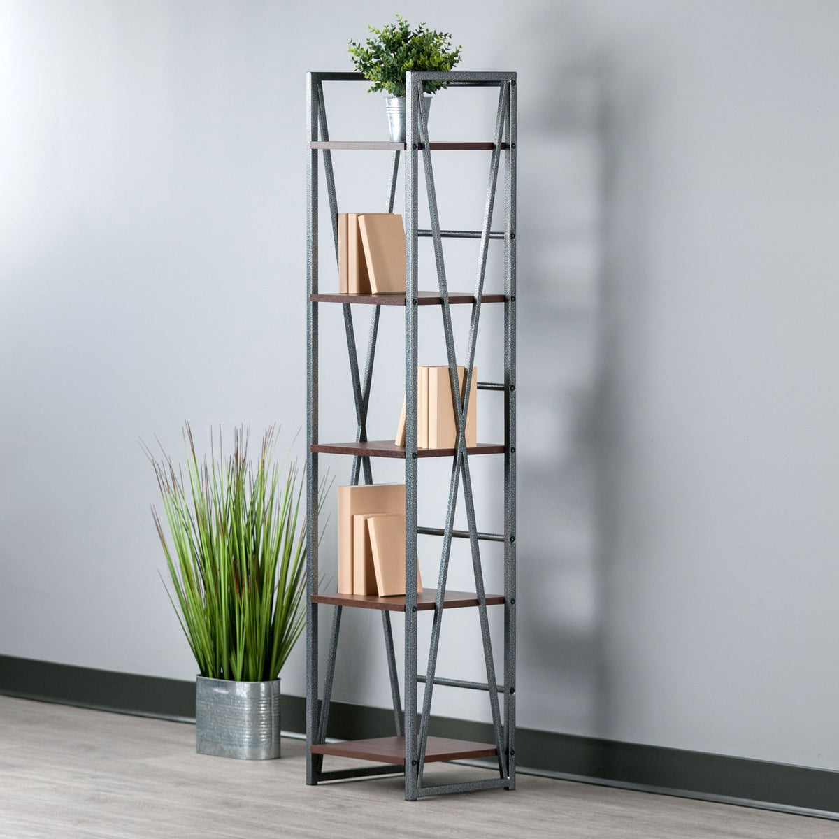 Five-Tier Open Shelf with Walnut Shelves and Graphite Frame