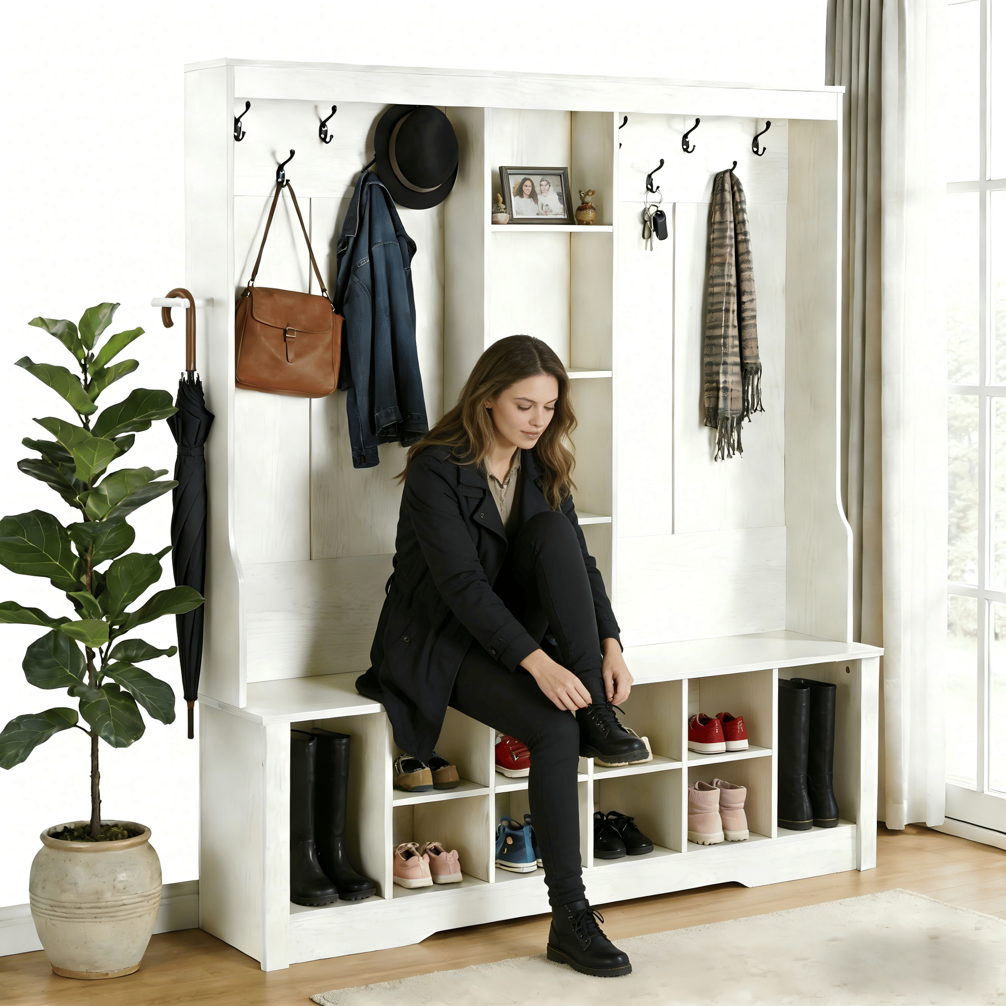 3-in-1 Entryway Hall Tree with Bench and Shoe Storage